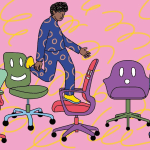 a person walking past a row of colorful office chairs on a pink background with abstract shapes