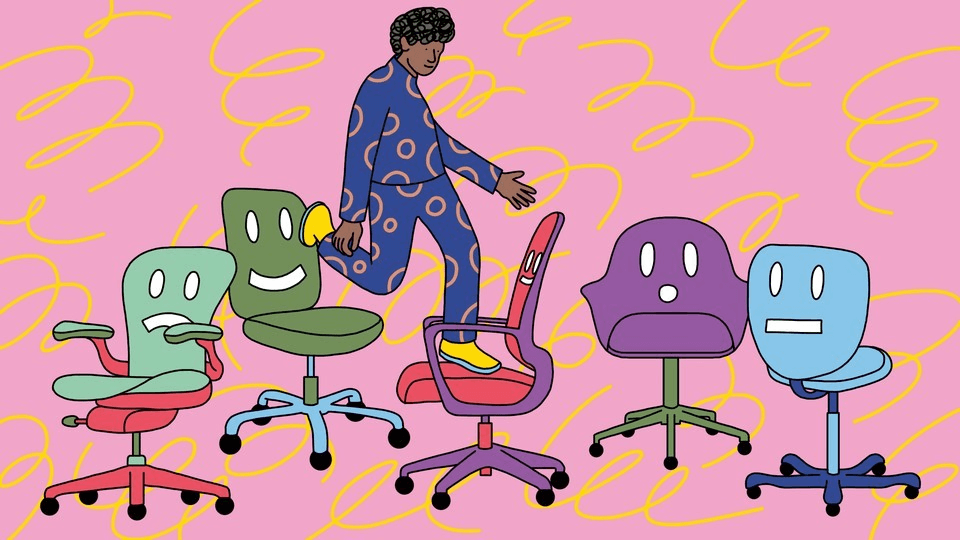 a person walking past a row of colorful office chairs on a pink background with abstract shapes